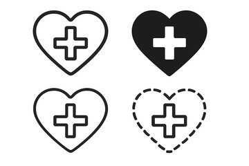 Obraz premium Medical cross in heart shape icon set. Health, care, and love symbol. Vector logo for medicine, pharmacy, hospital, and emergency services. First aid sign collection.