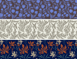 A set of stylish bright seamless floral patterns trendy autumn winter spring retro linear vector contrasting vintage ink for fabric design decorative elements on light dark backgrounds
