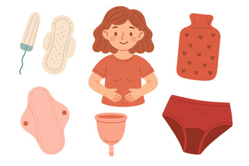 Menstrual cycle period set. Cute girl with cramps. Feminine hygiene products. Tampon, pad, reusable cup, period panties. Women's health vector illustration. Self care concept.