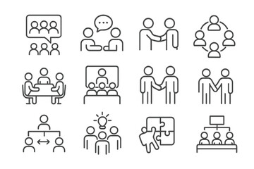 Business meeting and collaboration line icon set. Teamwork, communication, and partnership symbols. Conference, presentation, brainstorming and strategy vector pictograms.