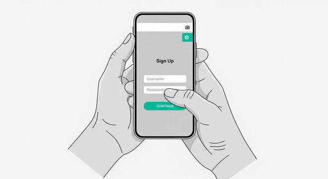 Hands holding smartphone, user taps "Continue" on a clean sign up screen with username and password fields, modern digital interaction concept