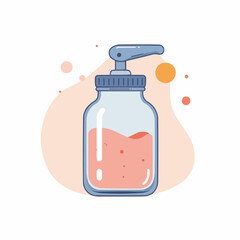 Glass jar with pump dispenser containing liquid on colorful background  