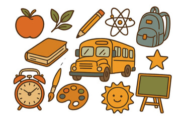 Back to school retro sticker pack. Hand-drawn cartoon doodle icons. Vintage education element set with bus, backpack, book, apple, pencil, clock, art palette, science atom.