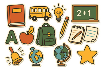 Retro back to school sticker icon set. Doodle graphic elements for education. Vector illustration of school supplies like book, bus, backpack, globe, pencil, apple and chalkboard.
