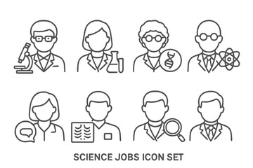 Fototapeta premium Science jobs icon set. Thin line editable stroke icons for research, laboratory, biology, chemistry, physics, genetics. Scientist, researcher, professor vector character avatars.