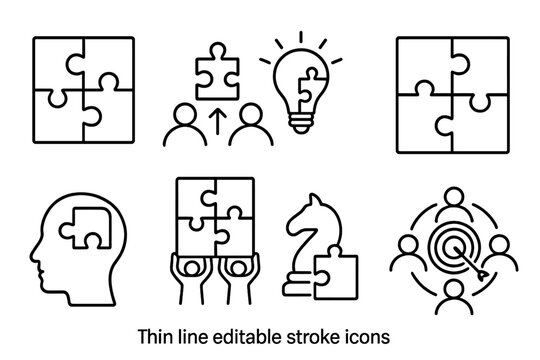 Puzzle and teamwork thin line icon set. Vector icons for collaboration, problem solving, innovation, business strategy. Metaphor for shared goals, partnership, integration.