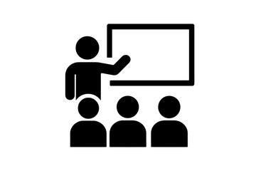 Teacher lecture icon. Classroom training, education, coaching or workshop concept. Business presentation with leader and team. Conference, meeting, seminar with speaker and audience.