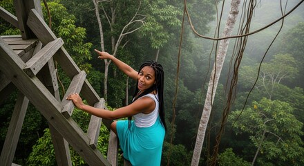 Happy young black woman with braids climbing a wooden ladder in a lush green jungle forest