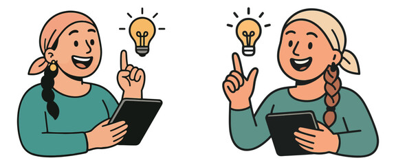Fototapeta premium Minimal Vector Illustration of Inspired Character with Tablet – Idea and Learning Icon