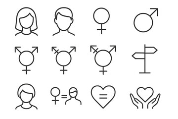 Thin Line Vector Icon Set of Gender, Sexual Orientation, Identity Symbols. Male Female Avatar Faces, Gender Equality, Transgender Sign, LGBT Diversity, Relationship and Human Rights Concept.