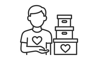 Charity donation volunteer giving boxes symbol. Community help, altruism, humanitarian support. Thin line vector illustration showing a person with heart, donating boxes for social aid and relief work