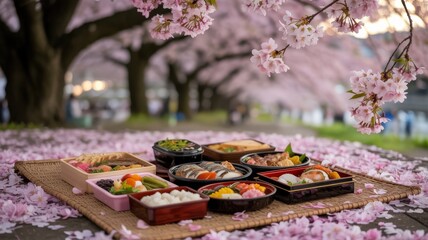 Hanami picnic with bento boxes under cherry blossoms