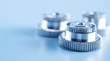An abstract composition of polished metal gears floating on a blue gradient.