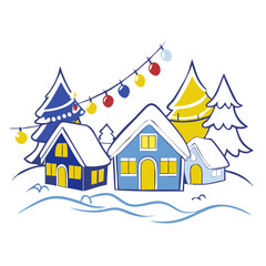 Winter village with decorated houses and snow-covered trees  