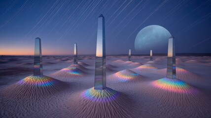 Twilight desert with mirrored obelisks and rainbow lights