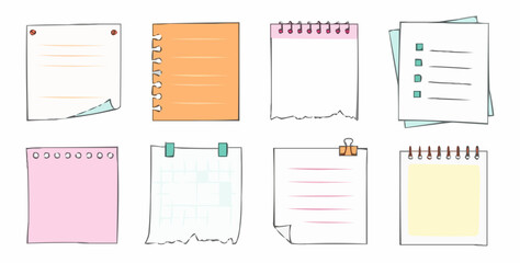 Collection of colorful hand drawn paper notes and stationery elements