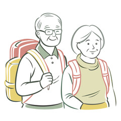 Elderly couple with backpacks smiling and preparing for outdoor adventure  