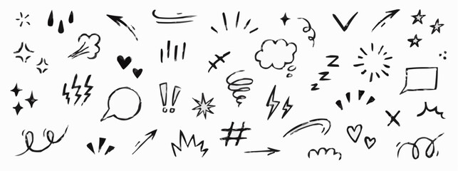 Collection of hand drawn black doodle elements and symbols on white background