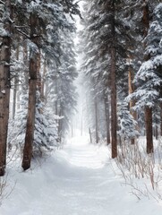 A tranquil snow-covered path winds through tall evergreen trees in a forest, with soft light breaking through fog on a cold winter day.