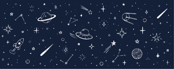 Whimsical hand drawn space scene with planets rockets and stars © Elif