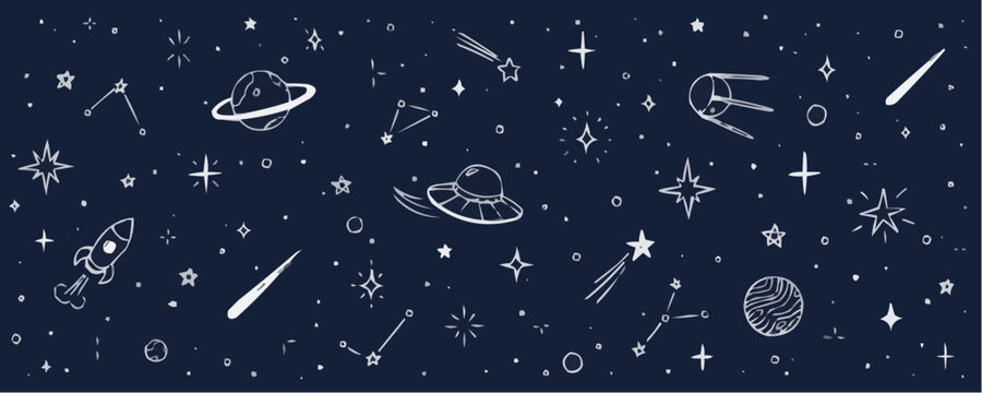 Whimsical hand drawn space scene with planets rockets and stars