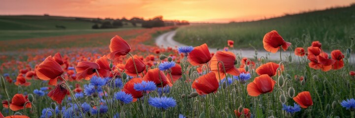 Country road through a vibrant field of poppies and cornflowers at sunset
