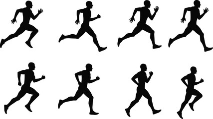 Running silhouette vector illustration showing athletic man in motion, jogging exercise poses, fitness training sequence, sports activity design for health concepts