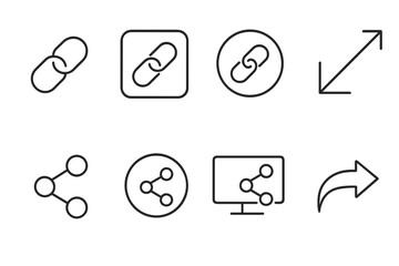 Link and share line icon set. Editable stroke vector pictograms for web, app, and UI UX design. Hyperlink, connection, network, and sharing symbols. Minimal linear icons.