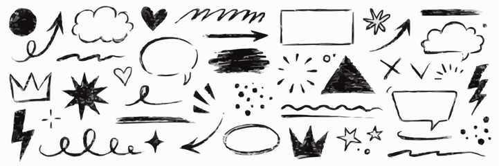Collection of hand drawn black brush stroke doodles and symbols