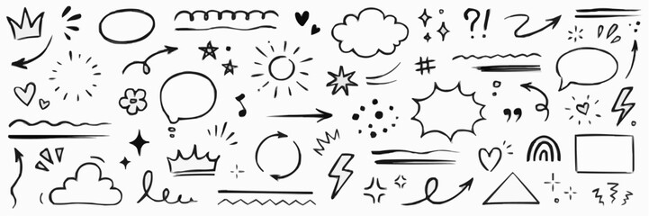 Collection of hand drawn doodle elements with black ink on white background