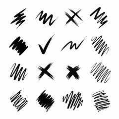 Collection of hand drawn black checkmarks and crosses on white background