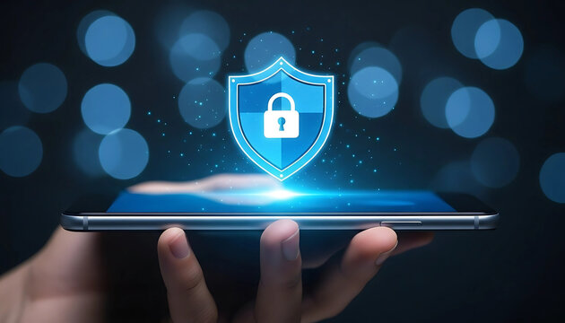 Secure digital shield concept on smartphone screen, cybersecurity and data protection abstract background