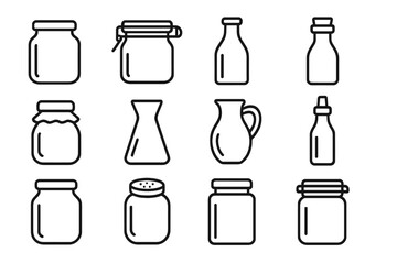 Glassware line icon set. Jar, bottle, container outline pictograms. Kitchenware vector symbols for canning, preserving, packaging. Minimal linear icons for web, app, ui design.