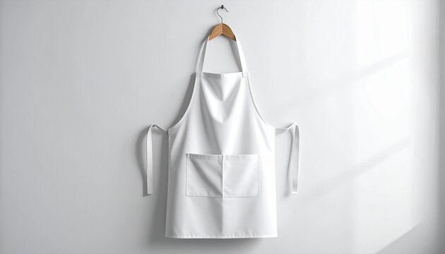 Clean white apron hanging against neutral wall offers versatile backdrop for kitchen, restaurant, or DIY design mockups and culinary concepts
