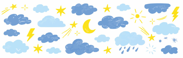Whimsical weather elements collection with clouds stars moon sun and lightning