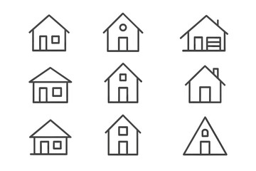 House line icon collection. Minimalist real estate and building pictogram set. Simple outline symbols for home, property, and construction. Editable stroke vector for web and app.