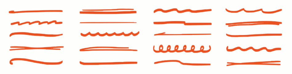 Collection of hand drawn orange brush stroke underlines and wavy lines
