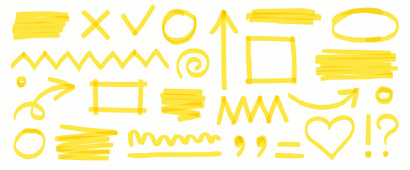 Collection of yellow hand drawn highlighter marks and symbols