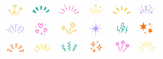 Collection of colorful hand drawn doodle celebration elements and fireworks