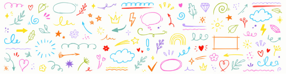 Collection of colorful hand drawn doodle elements and icons on white background
