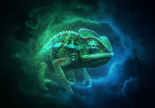 A vibrant chameleon is depicted amidst swirling blue and green nebula-like clouds, creating a surreal and captivating portrait of the reptile.