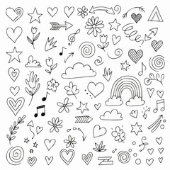 Collection of hand drawn doodle elements including hearts stars flowers clouds and arrows