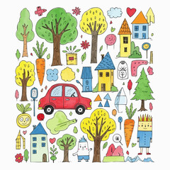 Whimsical hand drawn doodle collection of houses trees car and characters