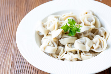 Close-Up of Pelmeni Dumplings on a White Plate
