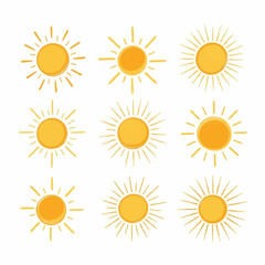 Collection of nine hand drawn yellow sun icons with rays on white background