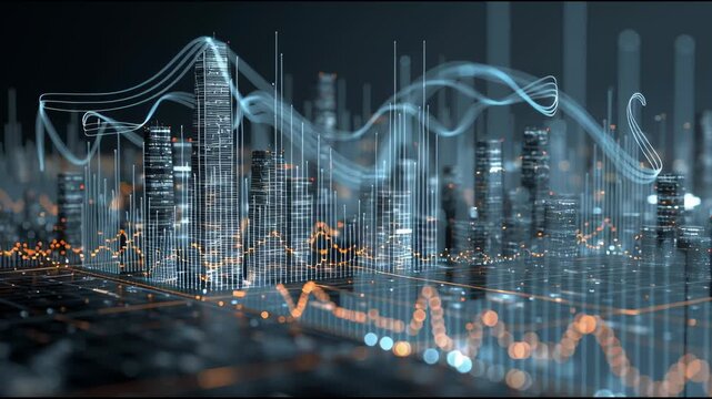Digital Cityscape Data Visualization: An immersive view of a futuristic cityscape where data streams weave dynamically, capturing the essence of technological advancement.