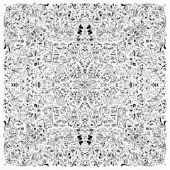Intricate black and white mandala pattern with floral and geometric elements