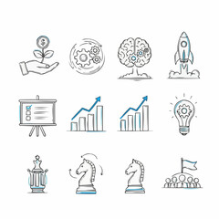 Business concept icons hand drawn sketch style with blue accents