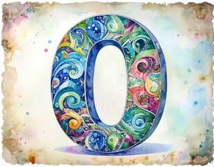 Ornate number zero, watercolor style