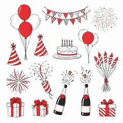 Hand drawn celebration elements with red and white color scheme